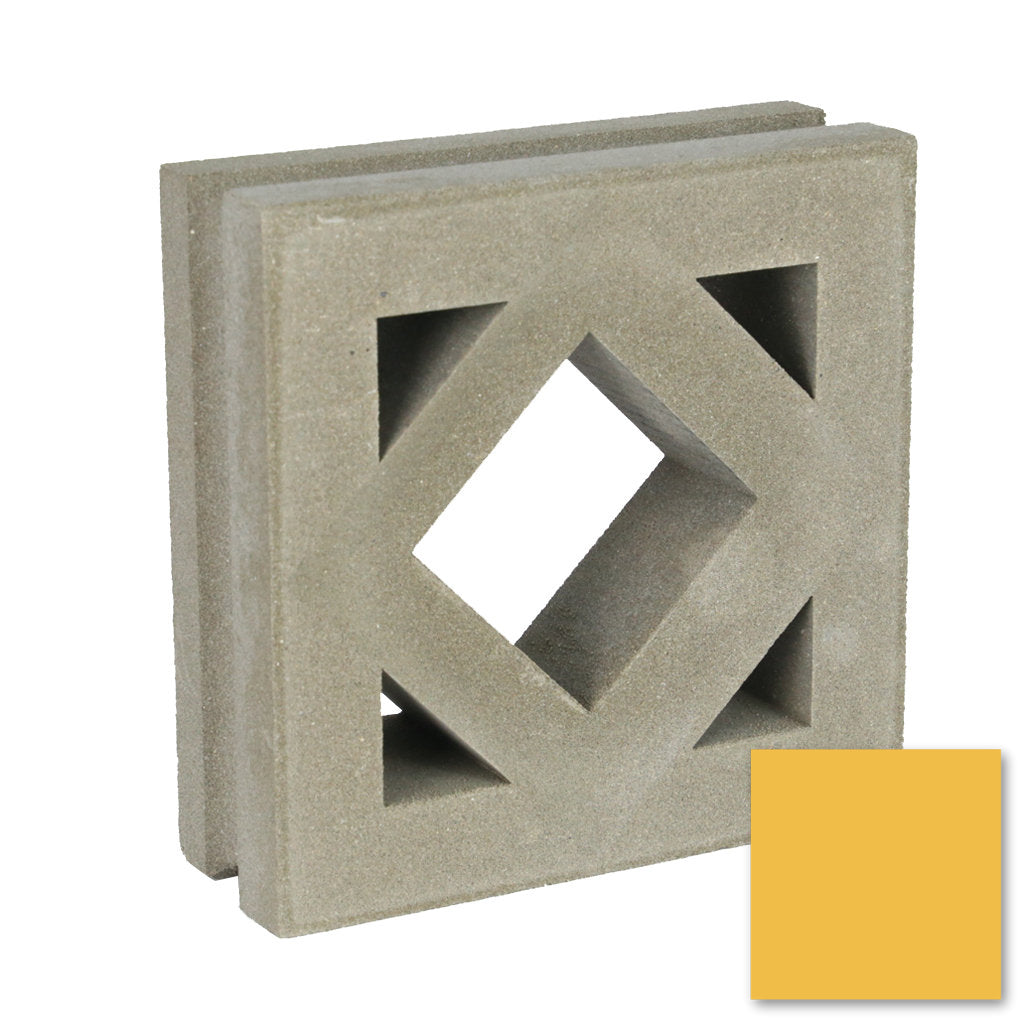 The Antil Sample by New York Cement Tile is a beige, mid-century concrete block with a diamond cutout and yellow swatch.