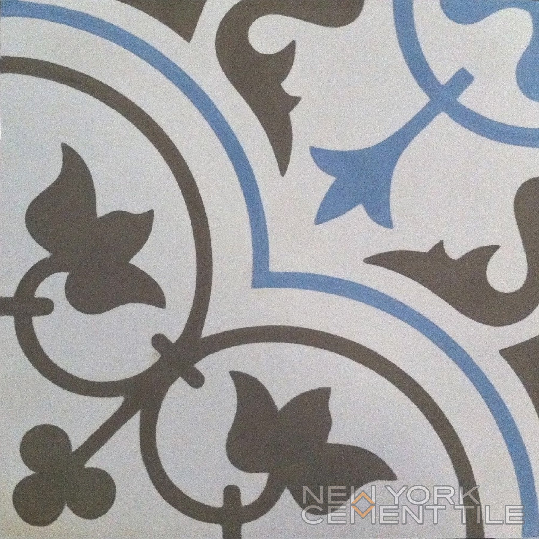 N20-045/172 by New York Cement Tile: Black & blue floral cement tile on white, logo in corner.