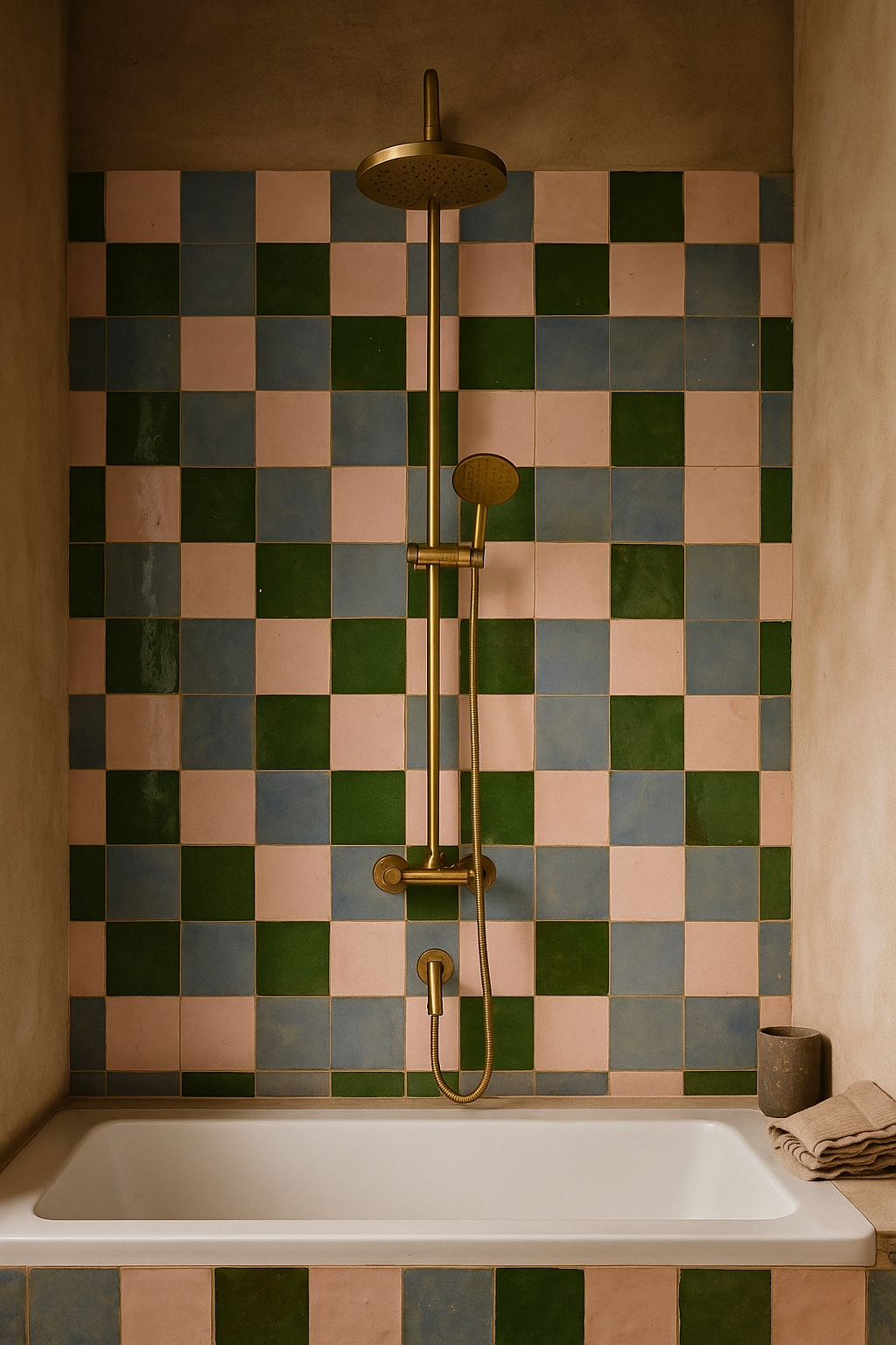 A bathtub with brass shower fixtures and Jewel Green tile by New York Cement Tile, plus a towel and cup nearby.