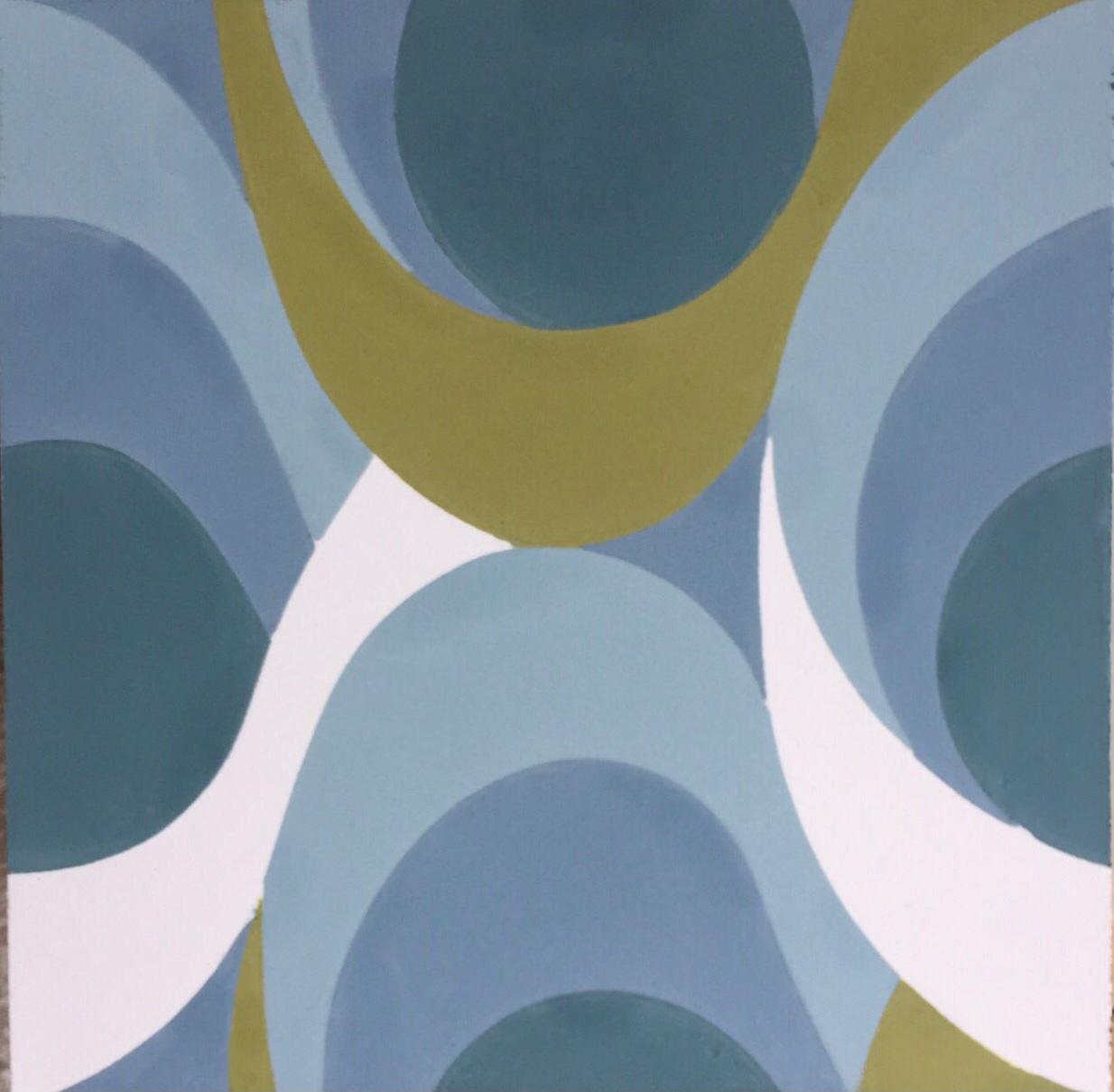Abstract geometric pattern with overlapping blue, green, and white curved shapes forming arches and circles.