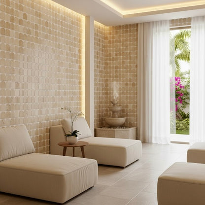 Modern spa lounge with Scarpa I Travertine Arch Mosaic Marble Mesh by New York Cement Tile, beige loungers, and garden views.