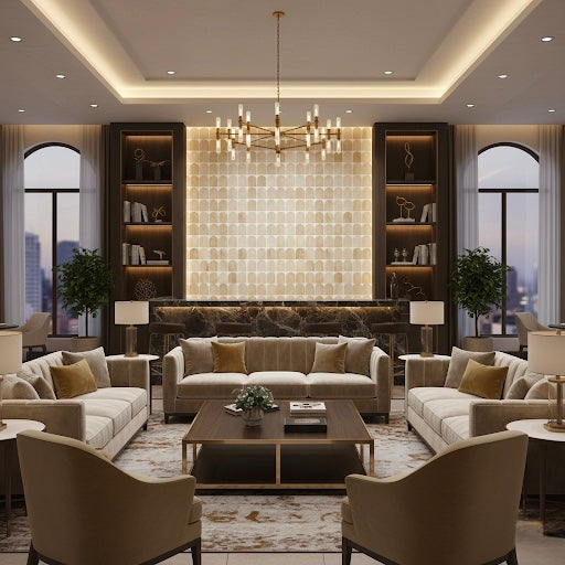 Elegant modern living room featuring Scarpa I Travertine Arch Mosaic Marble Mesh by New York Cement Tile and a lit accent wall.