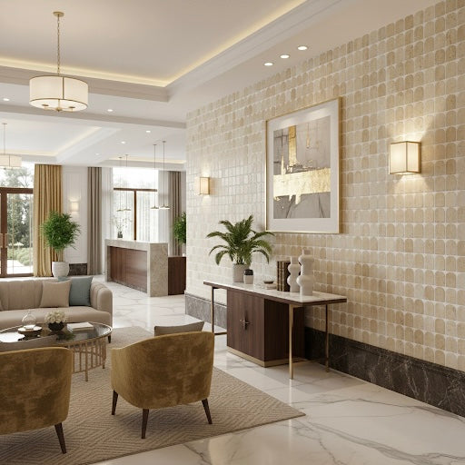Modern hotel lobby with Scarpa I Travertine Arch Mosaic Marble Mesh by New York Cement Tile, lush plants, and elegant lighting.