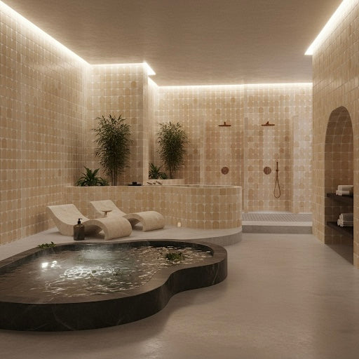 Modern spa room with Scarpa I Travertine Arch Mosaic Marble Mesh by New York Cement Tile, plus lounge chairs and open showers.