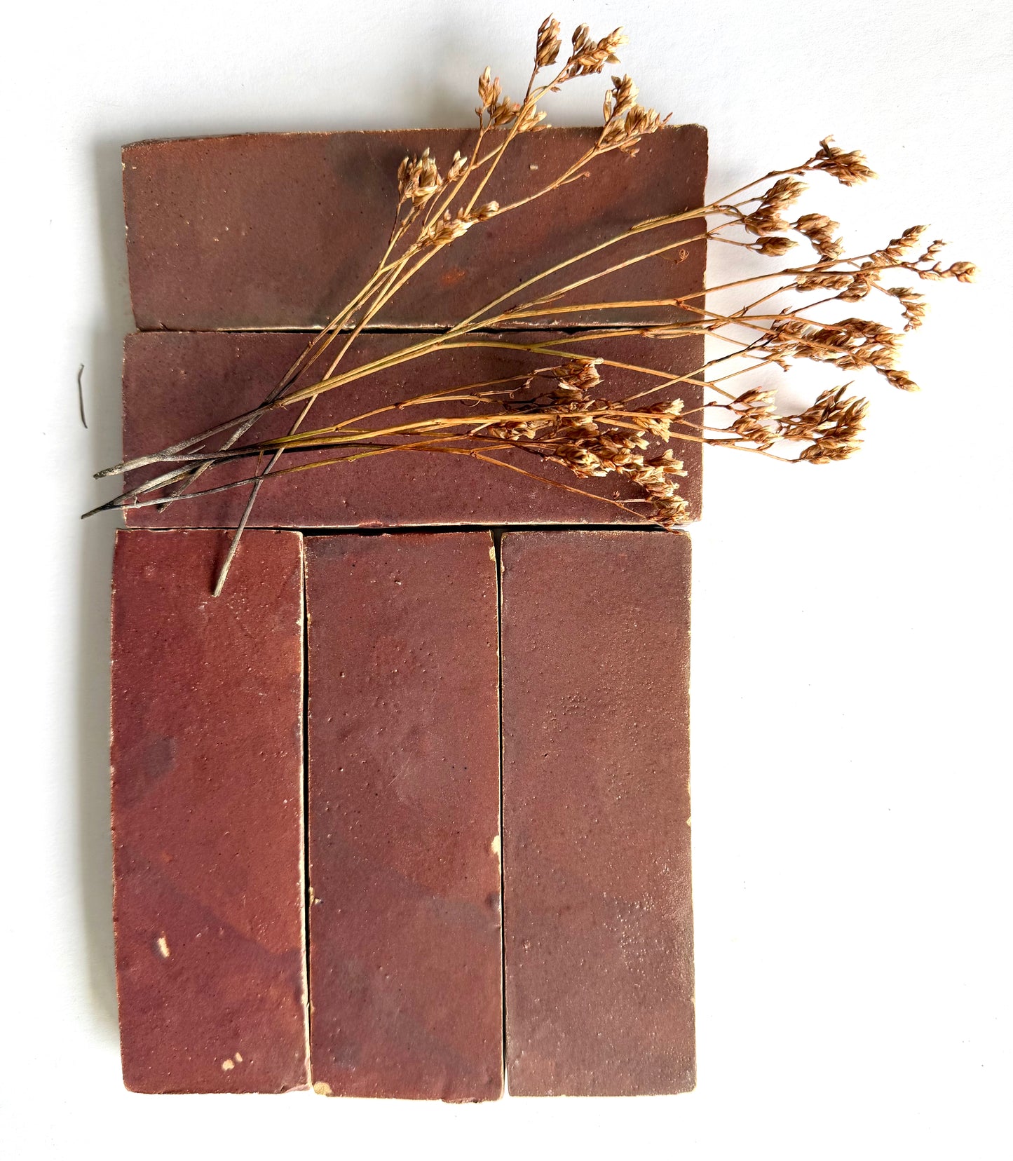 Four Thistle (2x6) bejmat tiles by New York Cement Tile, with dried brown wildflowers on a crisp white background.
