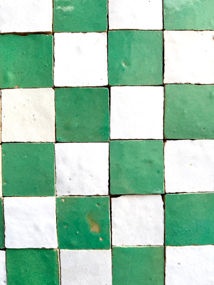 2X2 Checkerboard Zellige in Ivory Cloud and Green by New York Cement Tile features green and ivory square tiles in a checkerboard.