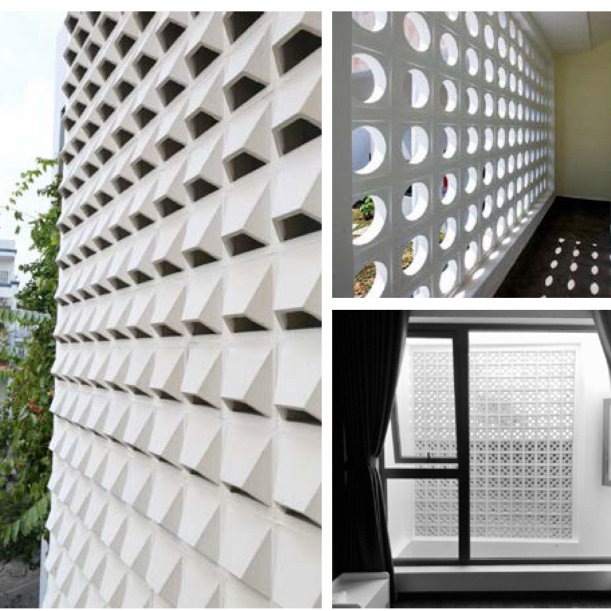 Three images of Maldi by New York Cement Tile: modern white concrete privacy screens with geometric cutouts.