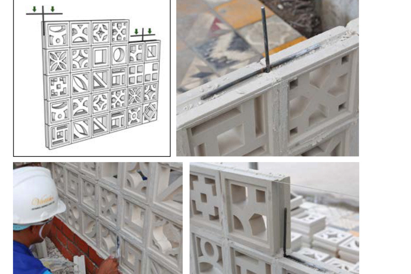 Four images show decorative concrete blocks being assembled into a patterned wall with rebar for reinforcement.