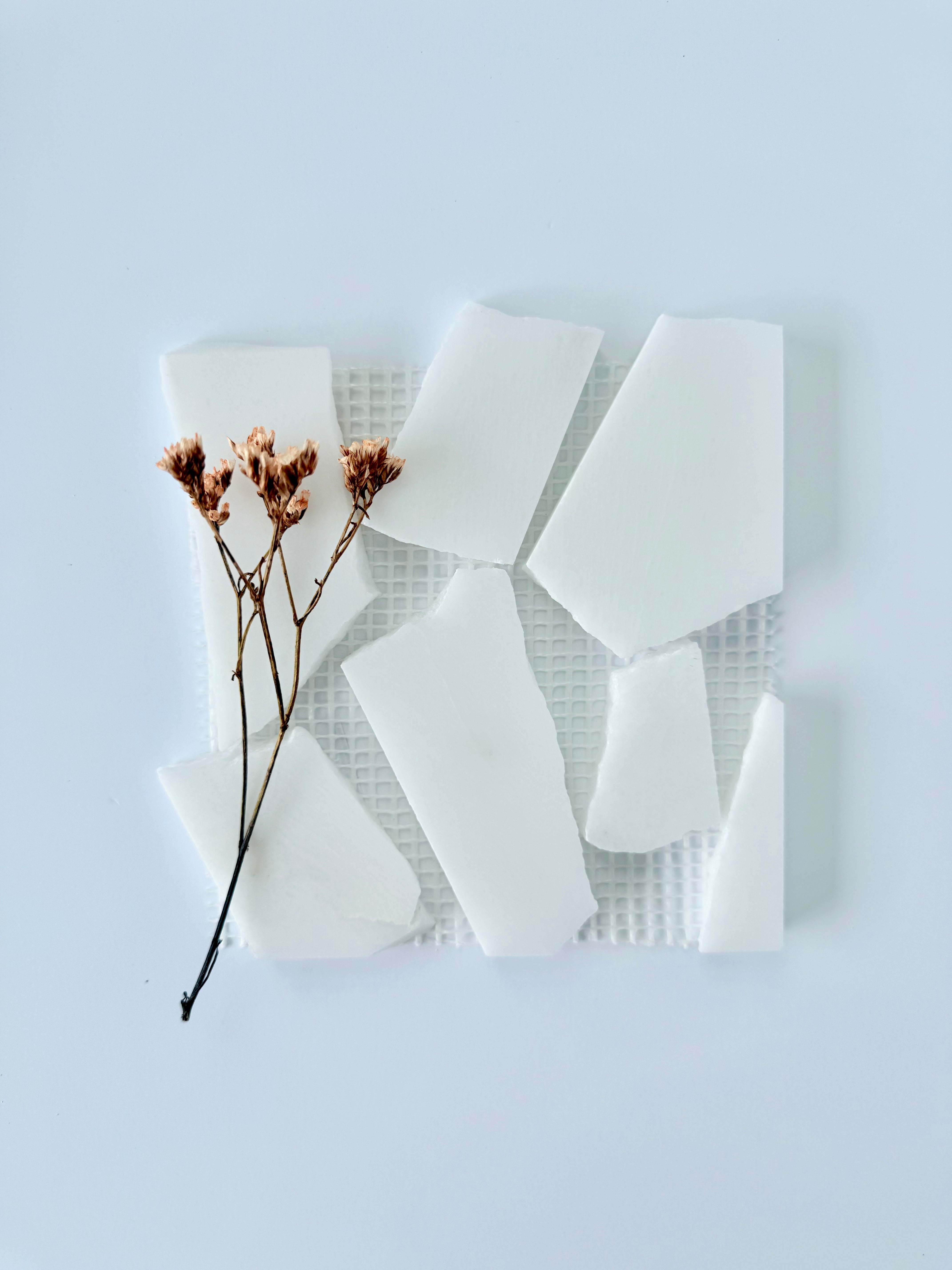 Ice Break - Puzzle Mosaic Marble Mesh by New York Cement Tile features Italian-inspired grid topped with dried brown flowers.