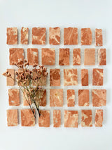Scarpa I Earth Mosaic Marble Mesh tiles by New York Cement Tile, styled with dried flowers on a white background.