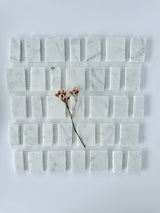 Scarpa I Carrara Mosaic Marble Mesh by New York Cement Tile: Italian-inspired grid tiles with a small dried flower center.