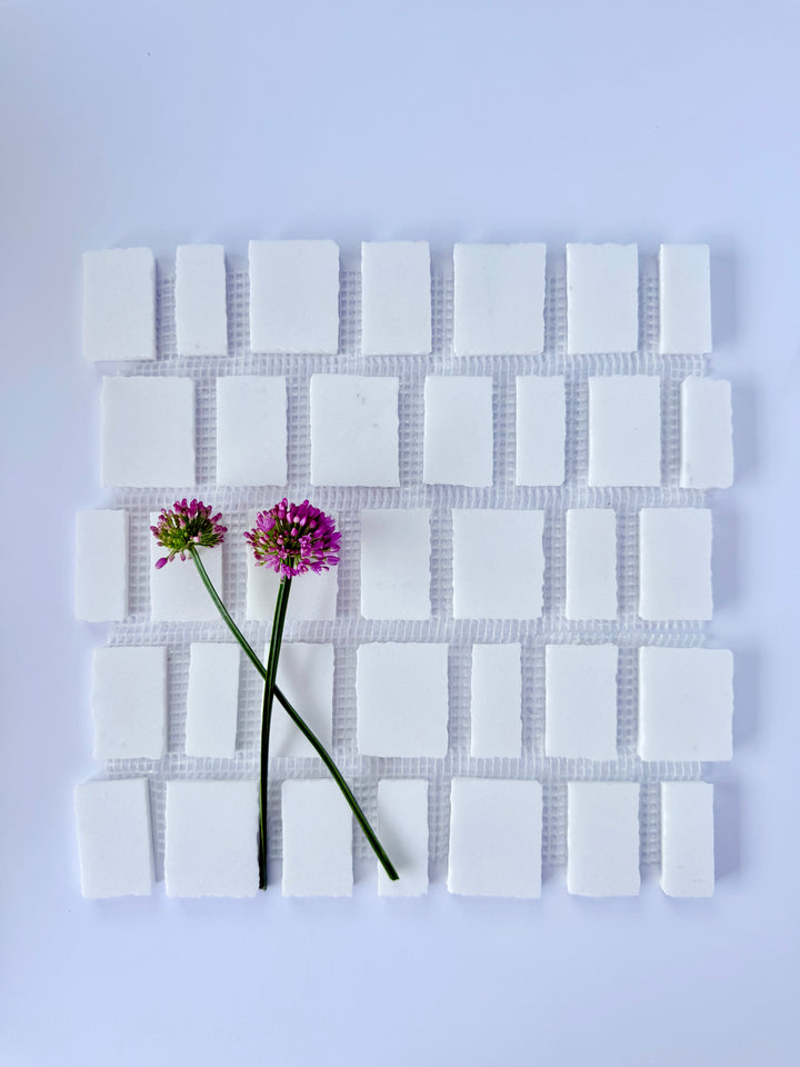 Two purple flowers rest on green stems atop New York Cement Tile’s Scarpa I Pure White Mosaic Marble Mesh.