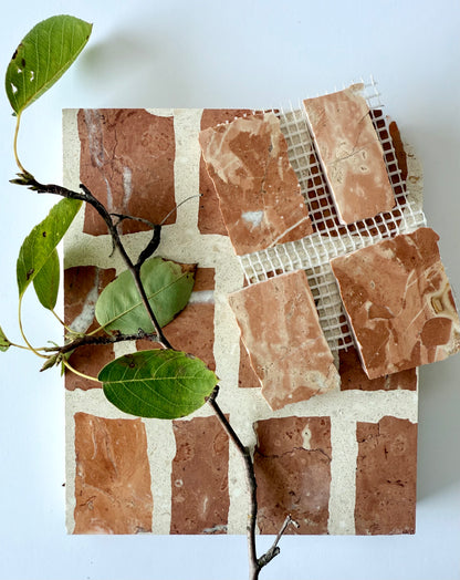 The Carlo Scarpa-Earth tile by New York Cement Tile features a brown and cream grid, broken pieces, and green leaves on top.