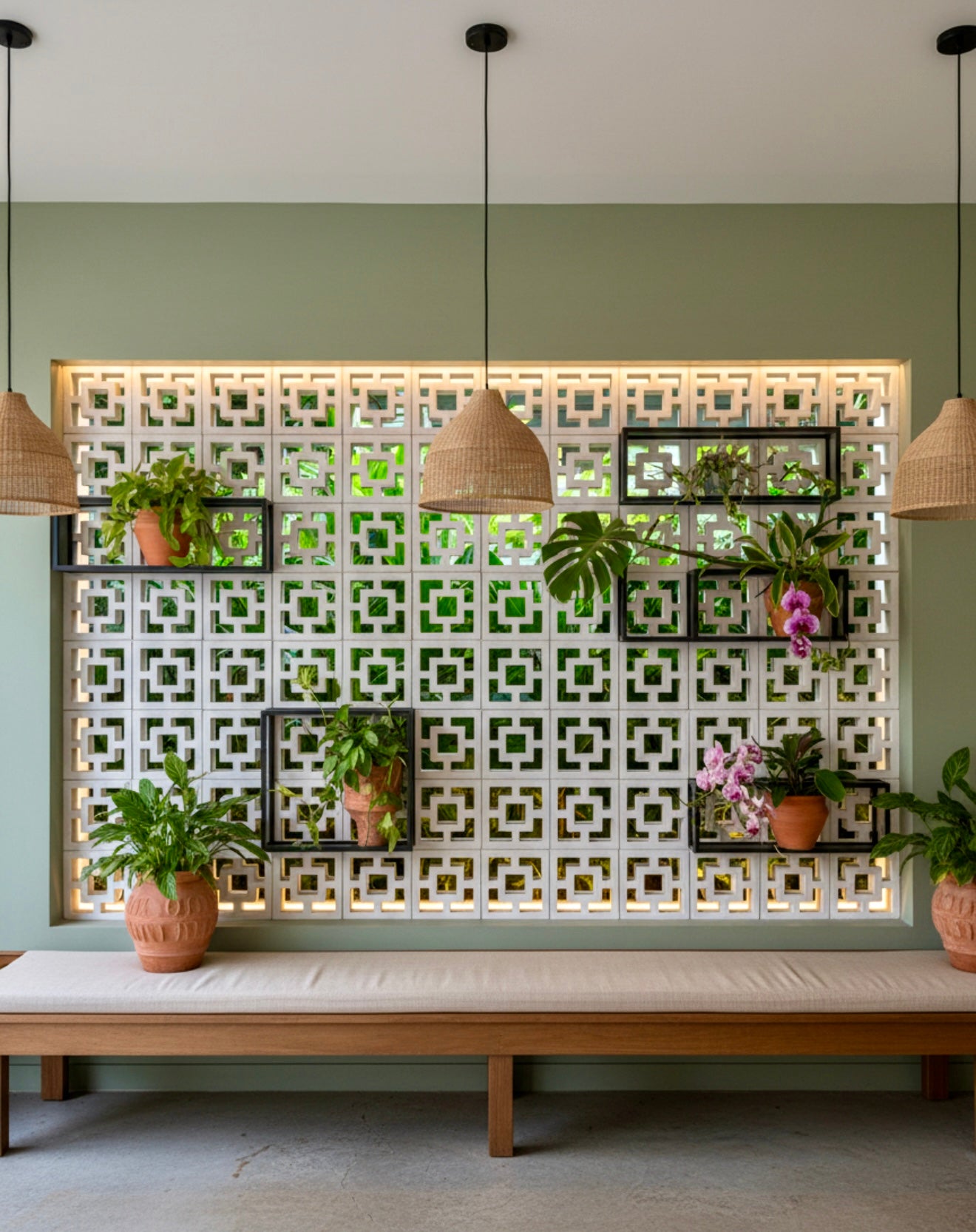 Bench in front of a Tong breeze block wall by New York Cement Tile, with plants, pendant lights, and soft green walls.