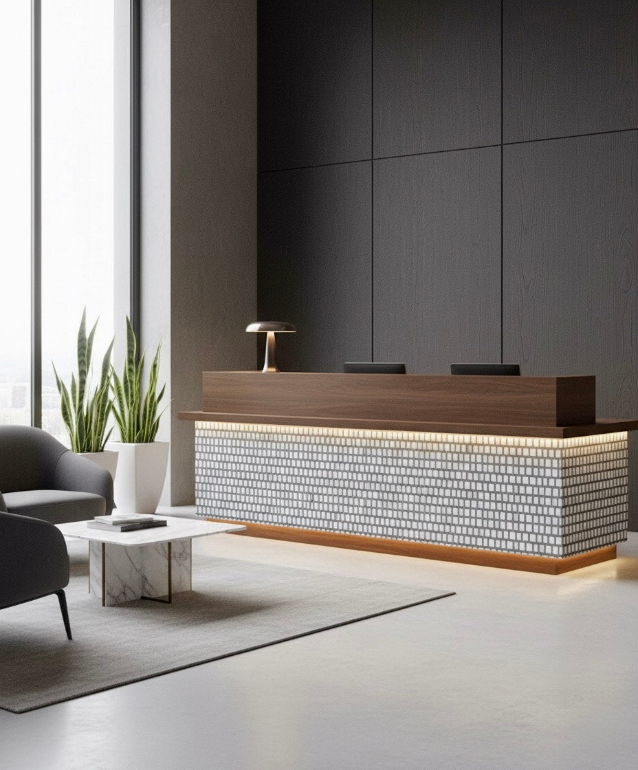 Modern office reception with Carlo Scarpa-Dark Gray marble coffee table by New York Cement Tile, sofa, and plants.