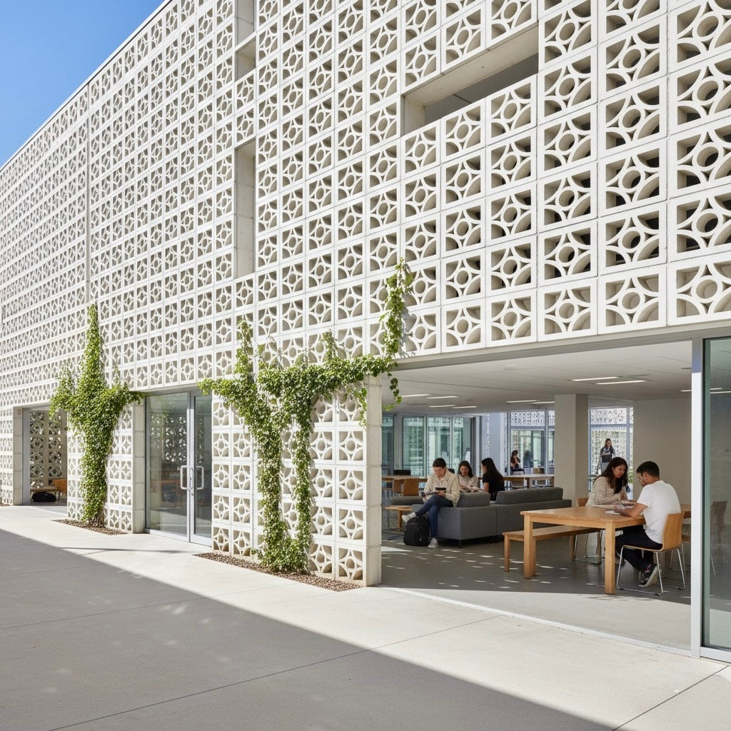 Modern building with a patterned facade, glass doors, and people studying at tables indoors. Green vines climb the exterior wall.