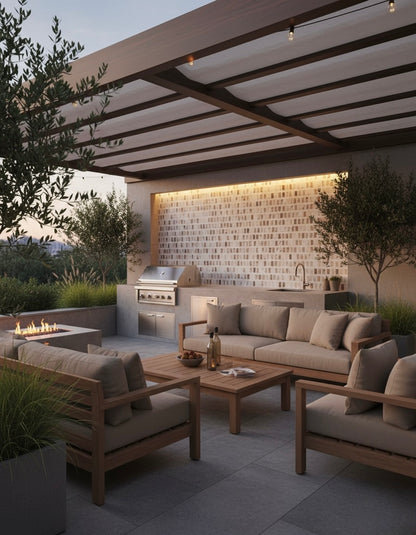 Modern patio with Carlo Scarpa - Mountain High tiles by New York Cement Tile, wooden sofas, fire pit, and pergola at sunset.