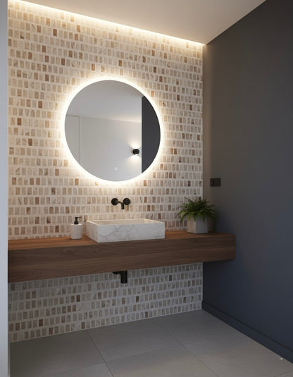 Modern bathroom with Mountain High tiles by New York Cement Tile, backlit mirror, wood vanity, and vessel sink.