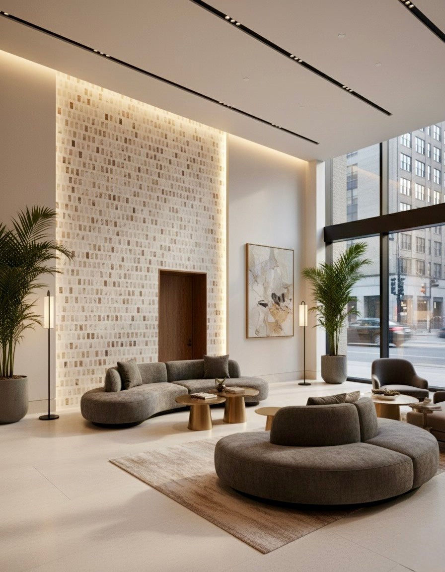 Modern hotel lobby featuring Carlo Scarpa - Mountain High tiles by New York Cement Tile, gray sofas, and contemporary decor.
