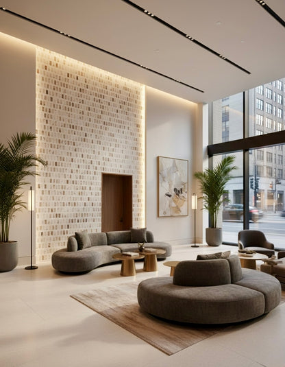 Modern hotel lobby featuring Carlo Scarpa - Mountain High tiles by New York Cement Tile, gray sofas, and contemporary decor.