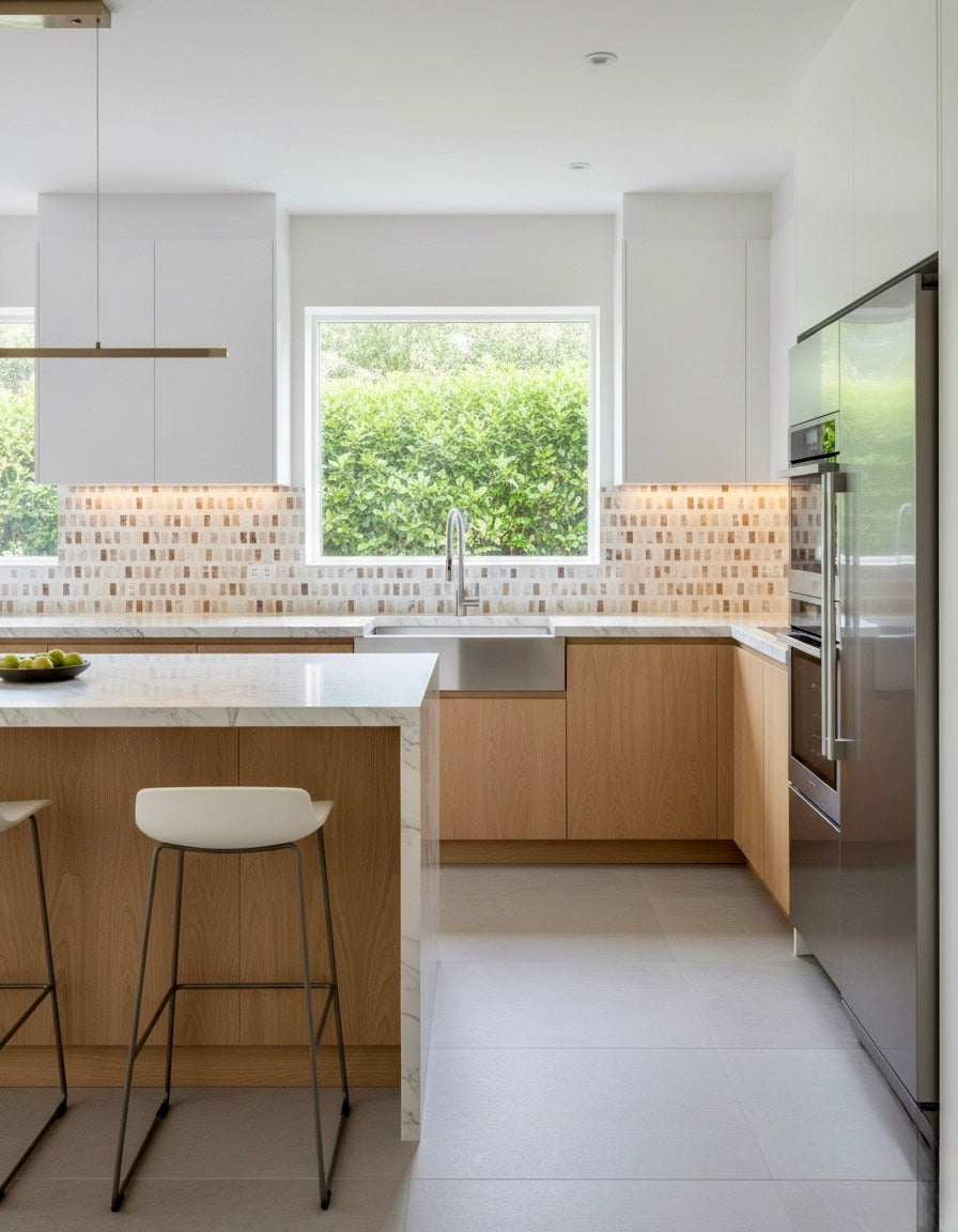 Modern kitchen featuring Carlo Scarpa - Mountain High tiles by New York Cement Tile, wood cabinets, and marble countertops.
