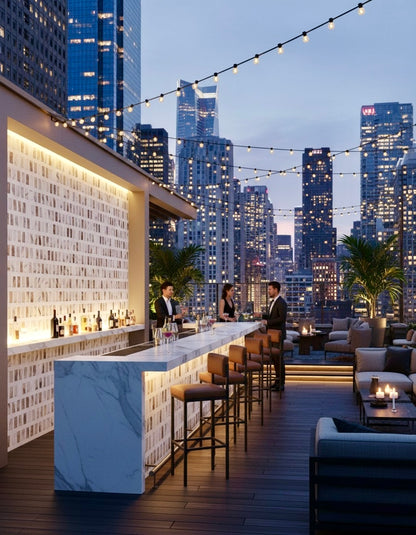Carlo Scarpa - Mountain High tiles by New York Cement Tile accent a rooftop bar at sunset, city skyline aglow with string lights.