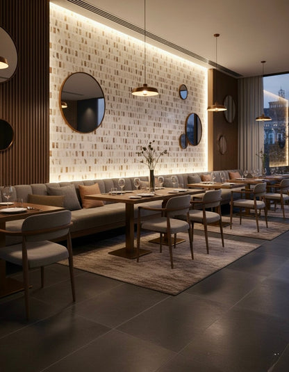 Modern restaurant interior featuring Carlo Scarpa - Mountain High tiles by New York Cement Tile, set for dining.