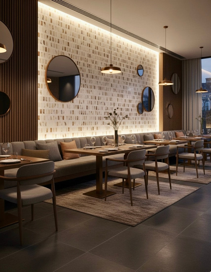 Modern restaurant interior featuring Carlo Scarpa - Mountain High tiles by New York Cement Tile, set for dining.