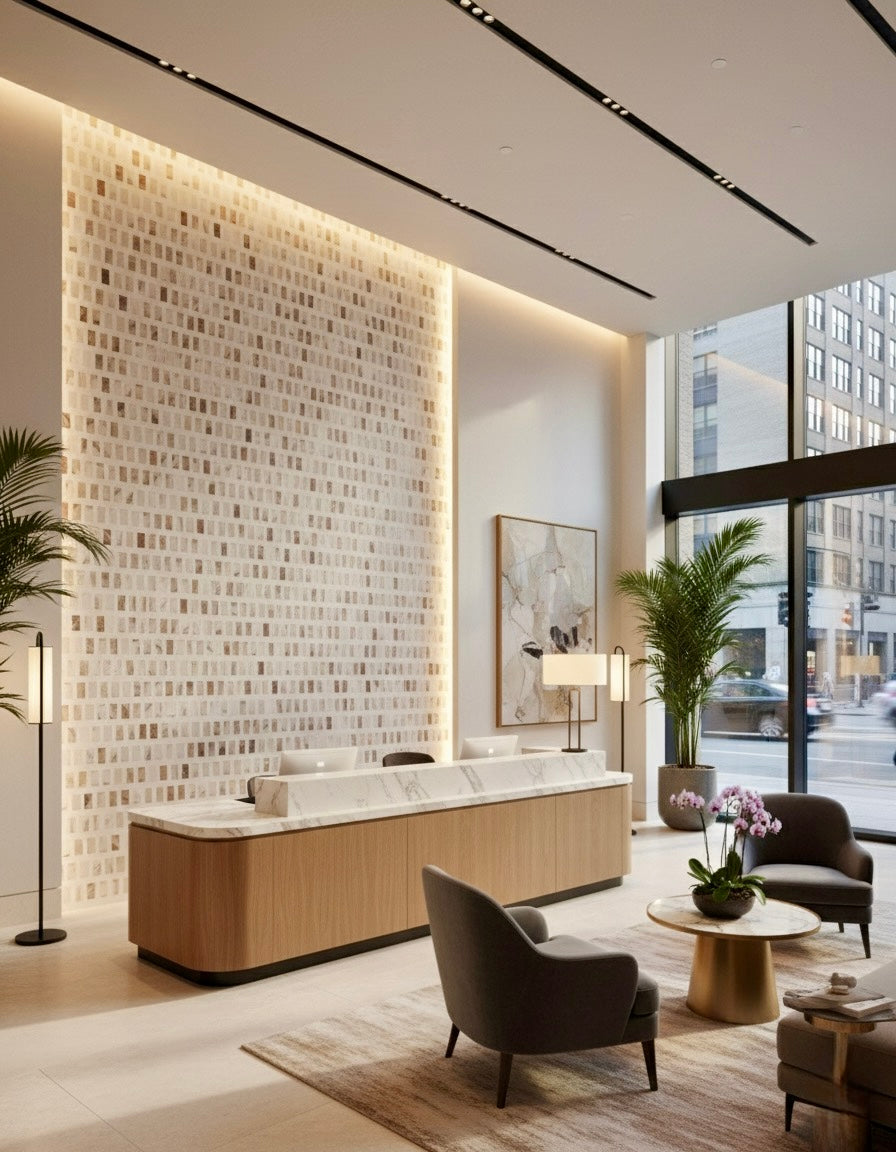 Modern hotel lobby with Carlo Scarpa - Mountain High mosaic by New York Cement Tile, wood desk, plants, and large windows.