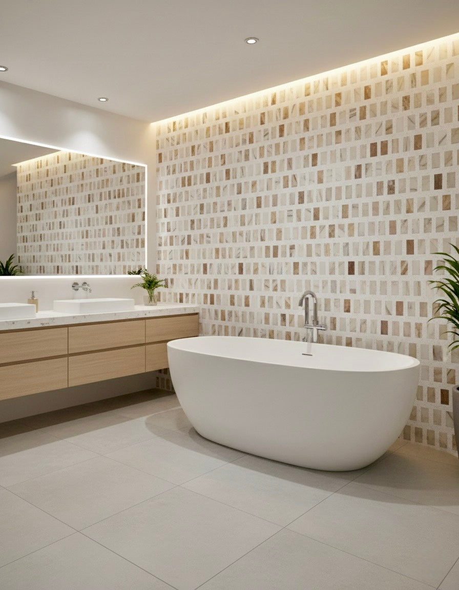 Modern bathroom with Carlo Scarpa - Mountain High tiles by New York Cement Tile, white tub, mirror, and wood vanity.