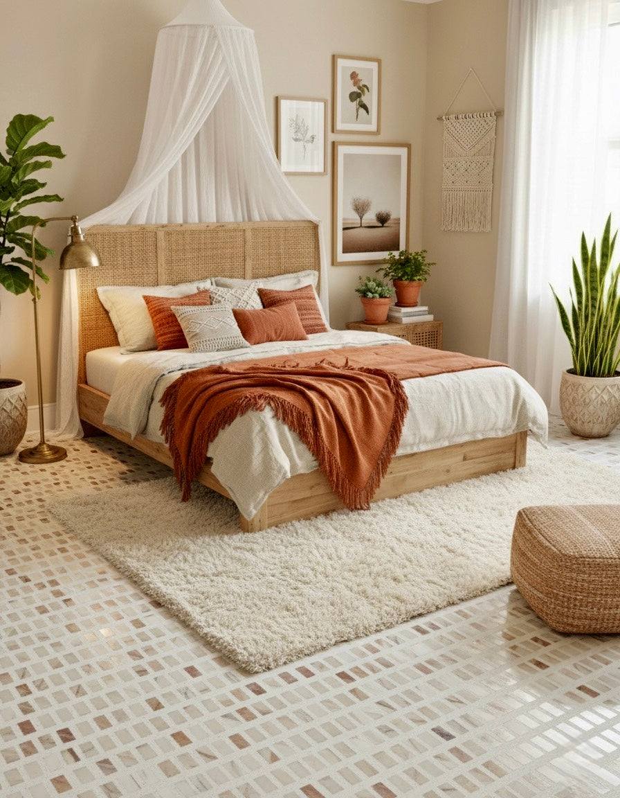 Cozy bedroom with Carlo Scarpa - Mountain High tile by New York Cement Tile, earth tones, plants, and soft natural light.