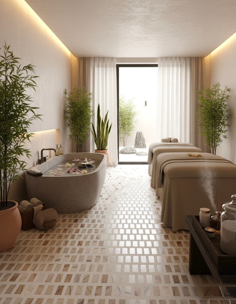 Serene spa with two tables, a stone tub, plants, soft light, and Carlo Scarpa - Mountain High tiles by New York Cement Tile.