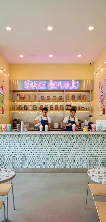 Two people make milkshakes behind a counter with Carlo Scarpa - Green Vibes tiles by New York Cement Tile.