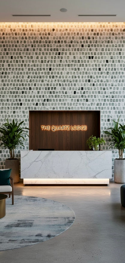 Hotel reception desk with marble counter, neon The Quartz Lodge sign, plants, and Carlo Scarpa - Green Vibes tile by New York Cement Tile.