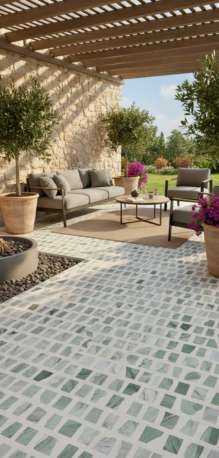 The Carlo Scarpa - Green Vibes tiles by New York Cement Tile enhance this patio with stone walls and a gray sofa set.