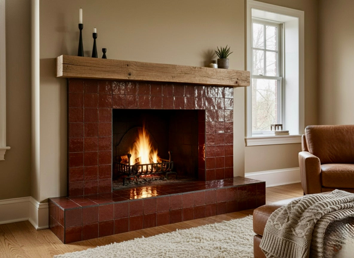 A cozy living room features a lit fireplace with New York Cement Tile’s Chocolate Cherry tile and a wooden mantel.