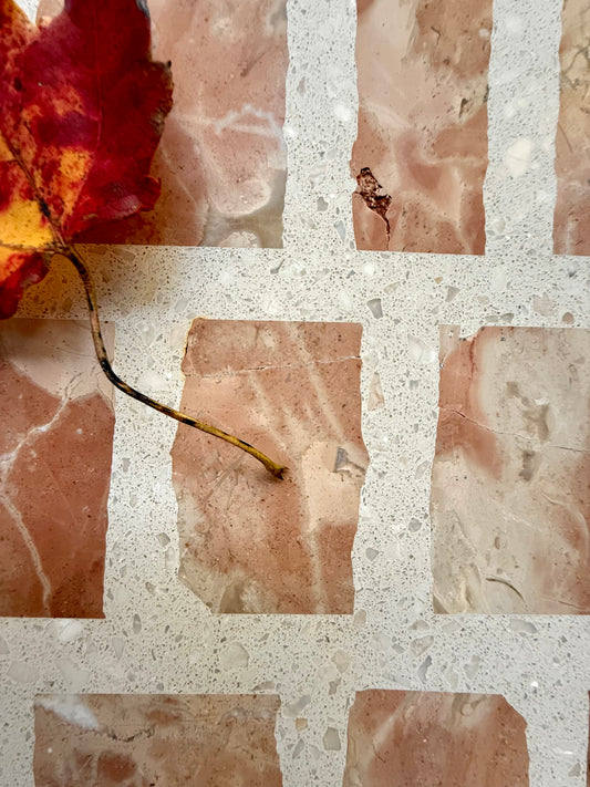 A red and yellow autumn leaf rests on Carlo Scarpa-Earth tiles by New York Cement Tile with cream and brown rectangles.