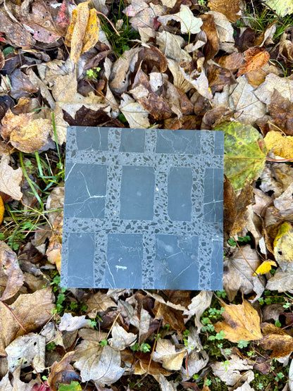 The Carlo Scarpa- Black tile by New York Cement Tile lies on the ground, covered in fallen autumn leaves.