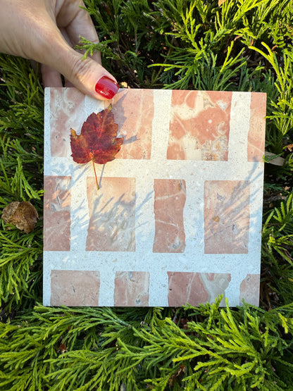 A hand with red nails holds the Carlo Scarpa-Earth tile by New York Cement Tile over green foliage in sunlight.