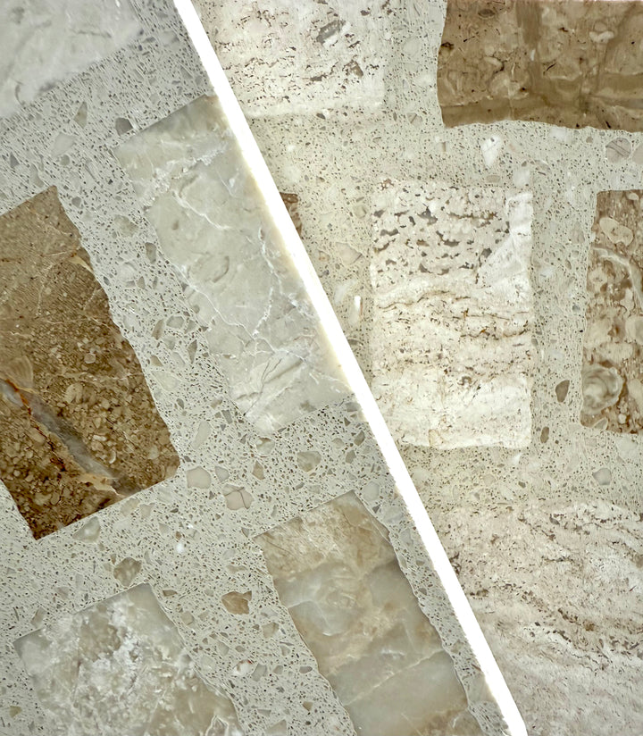 Close-up of Carlo Scarpa - Desert by New York Cement Tile: rectangular beige and brown tiles split by a white line.