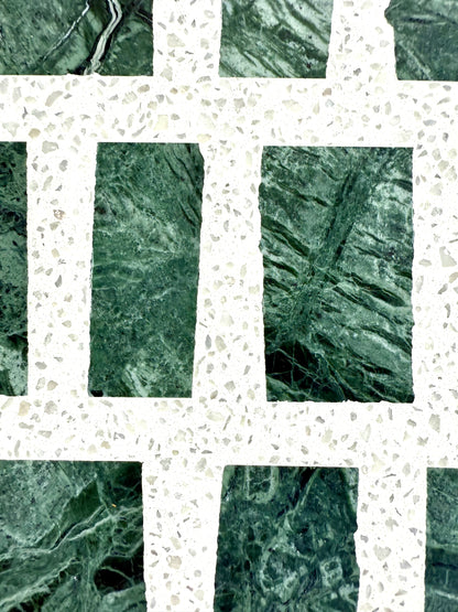 Carlo Scarpa - Emerald Green by New York Cement Tile: green marble tiles with white terrazzo strips in a veined grid pattern.