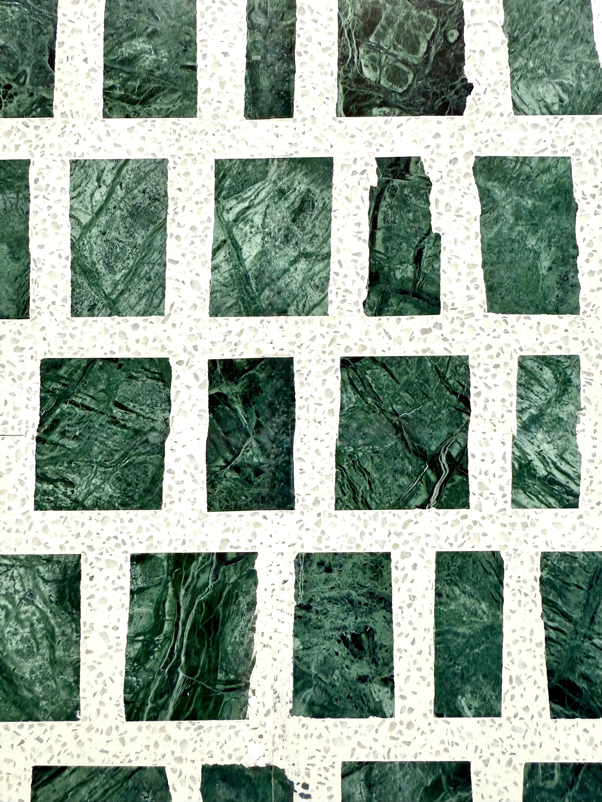Carlo Scarpa - Emerald Green tiles by New York Cement Tile feature unique veining, slight imperfections, and a white-grouted grid.