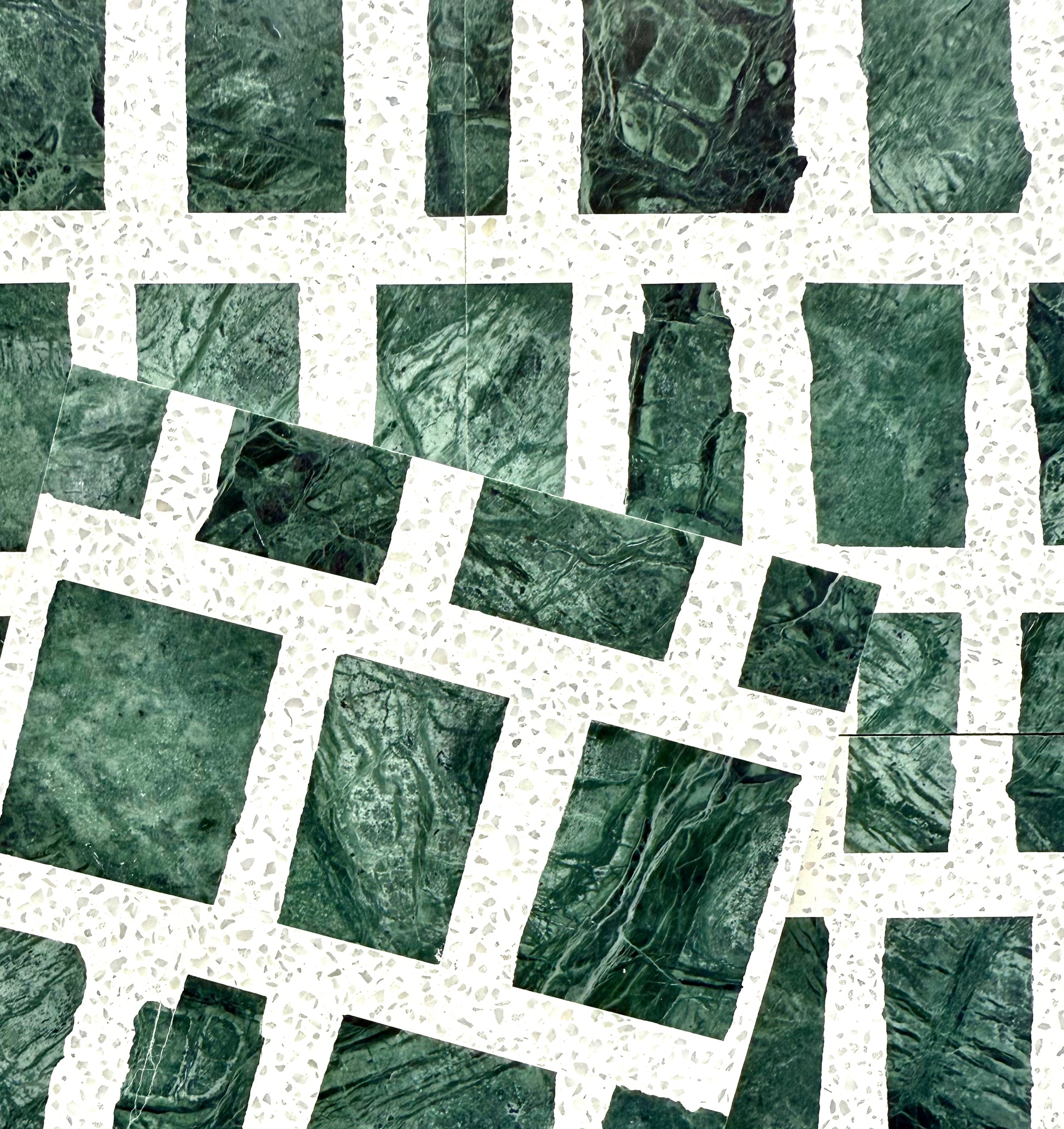 New York Cement Tile's Carlo Scarpa - Emerald Green forms a geometric grid, with a diagonal section adding dynamic contrast.