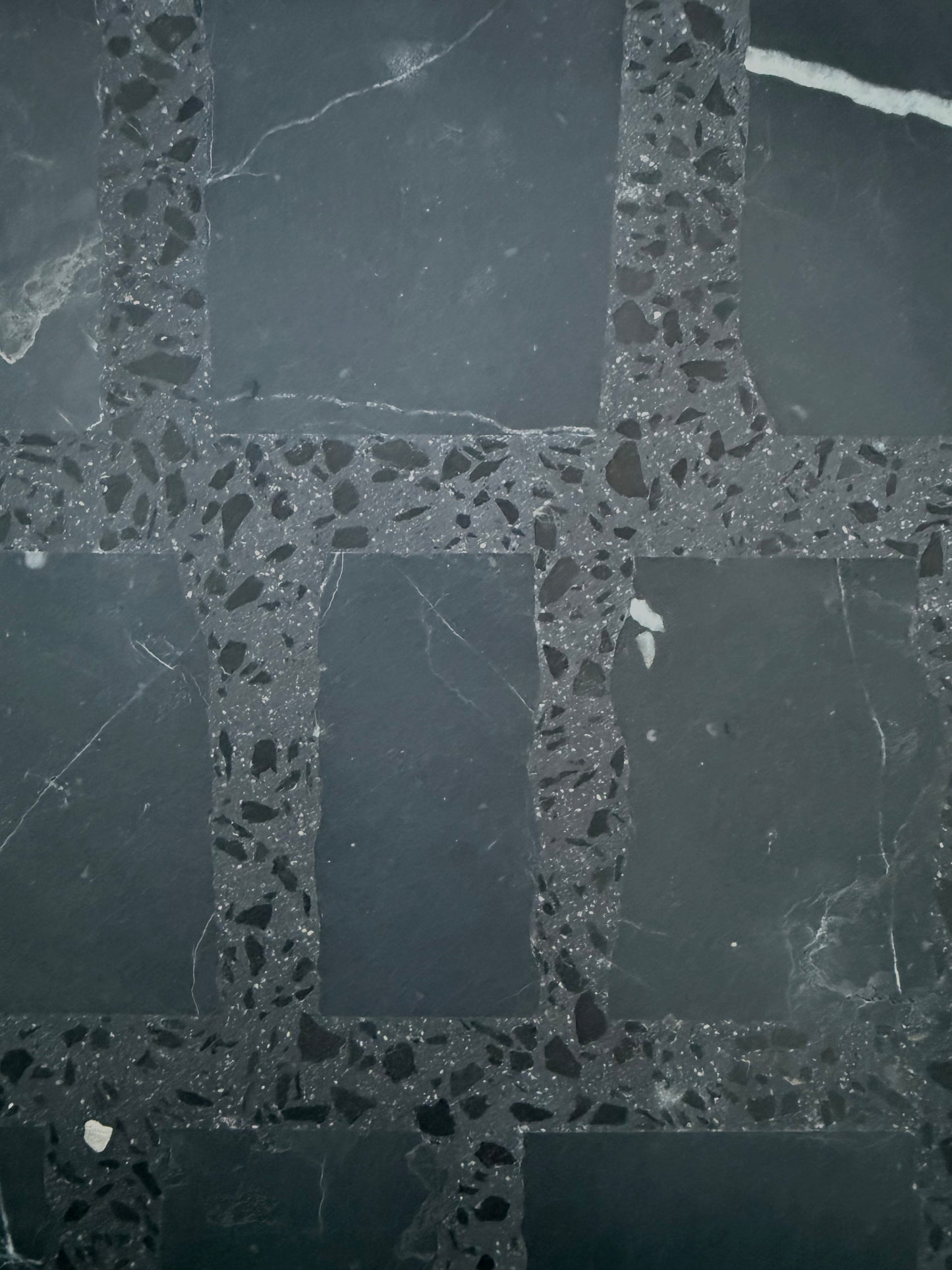 Carlo Scarpa-Black by New York Cement Tile: dark grid floor with terrazzo borders and slate-style squares.