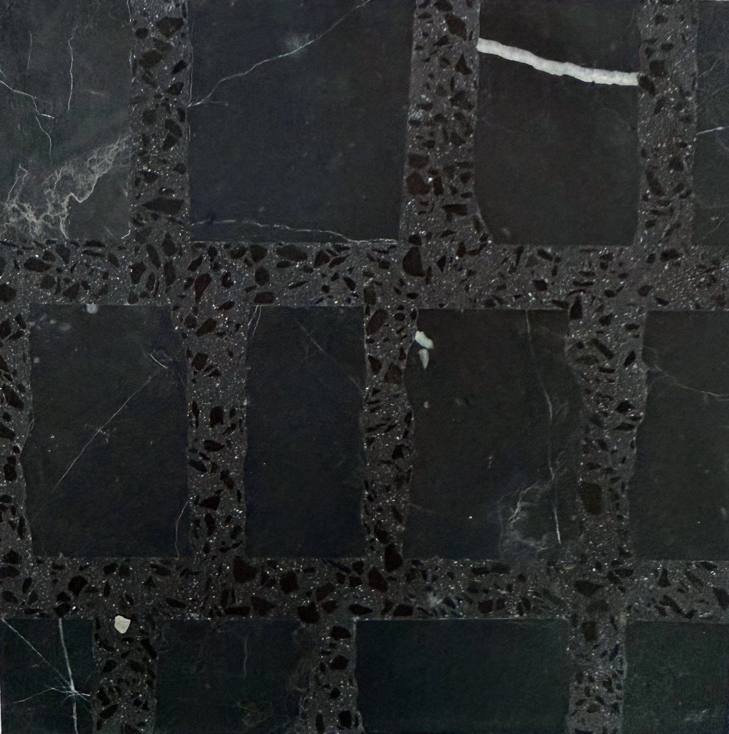 Carlo Scarpa- Black by New York Cement Tile: grid-patterned black tiles with white veins and textured grout lines.