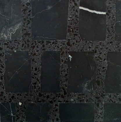 Carlo Scarpa- Black by New York Cement Tile: grid-patterned black tiles with white veins and textured grout lines.