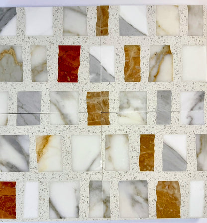 Carlo Scarpa - Mountain High by New York Cement Tile: white, gray, orange & brown rectangular tiles in a geometric mosaic.