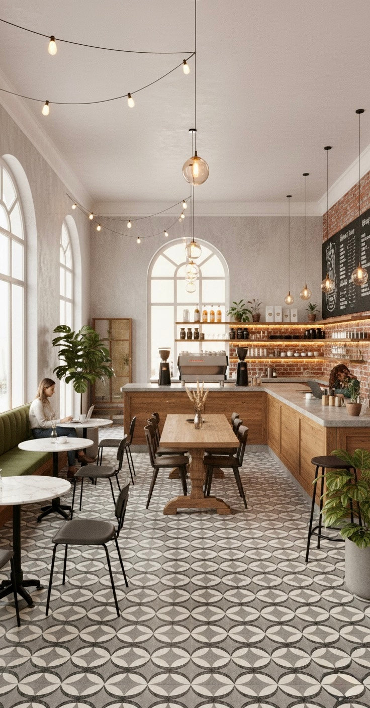 Bright, modern café with large windows, plants, wood decor, and a Petalos Pebble Terrazzo floor by New York Cement Tile.