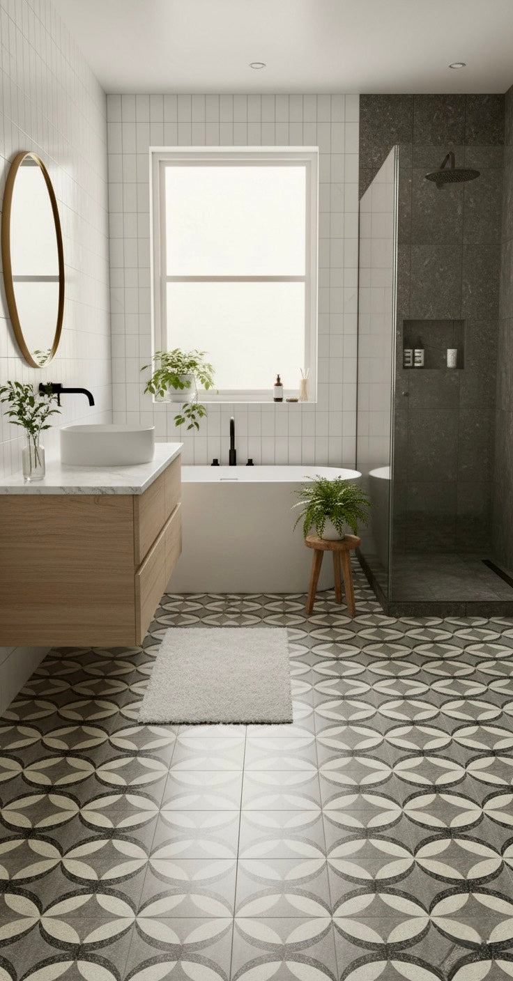 Modern bathroom with Petalos Pebble Terrazzo by New York Cement Tile, floating vanity, round mirror, tub & glass shower.