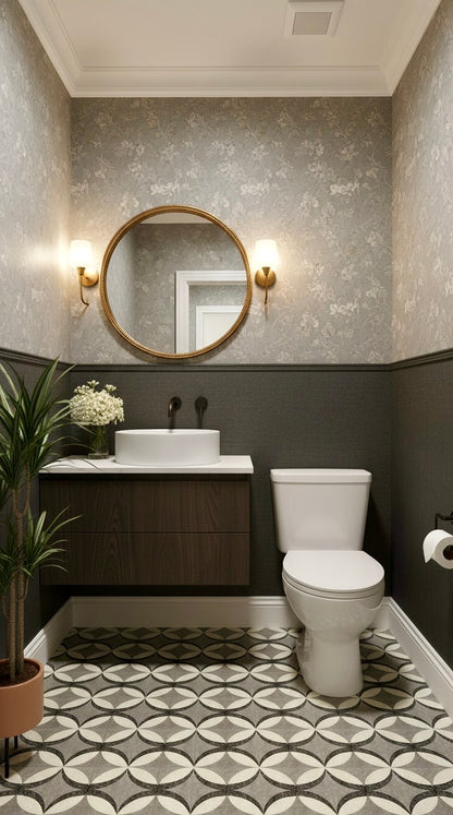 Small bathroom with Petalos Pebble Terrazzo flooring by New York Cement Tile, modern sink, round mirror, and floral wallpaper.